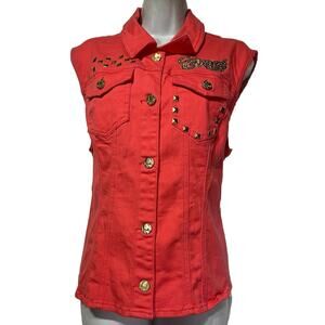 Coogi orange Sleeveless gold embroidered Studded denim vest size 2X